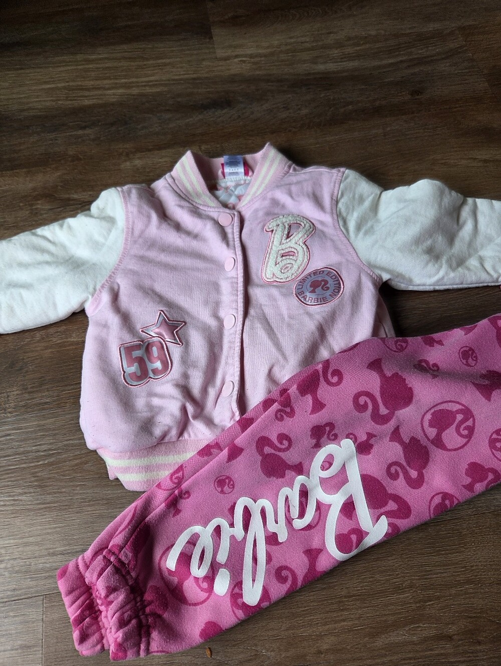Barbie Dream House Pink Bomber Varsity Jacket with Pink Barbie Print Pants 5/6